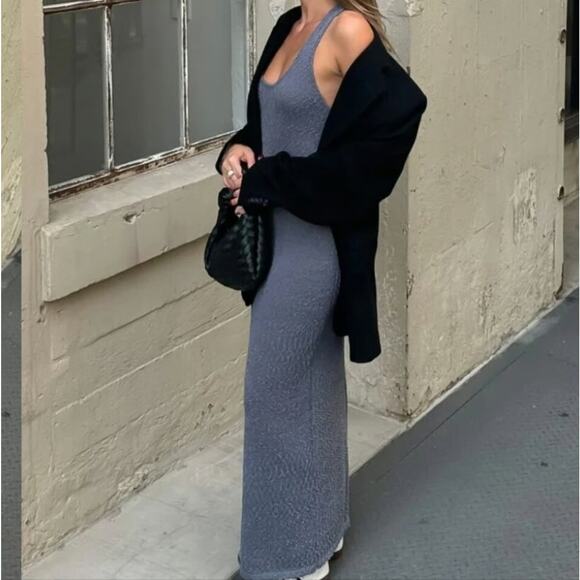 NEW Rumored Cloud Nine Racerback Textured Knit Maxi Dress Denim Blue Medium - Picture 2 of 10